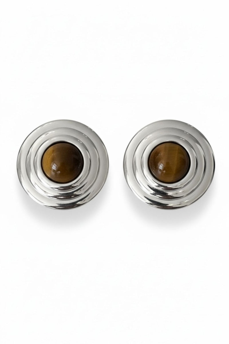 Como Large Round Stud Earrings Tigers Eye Silver