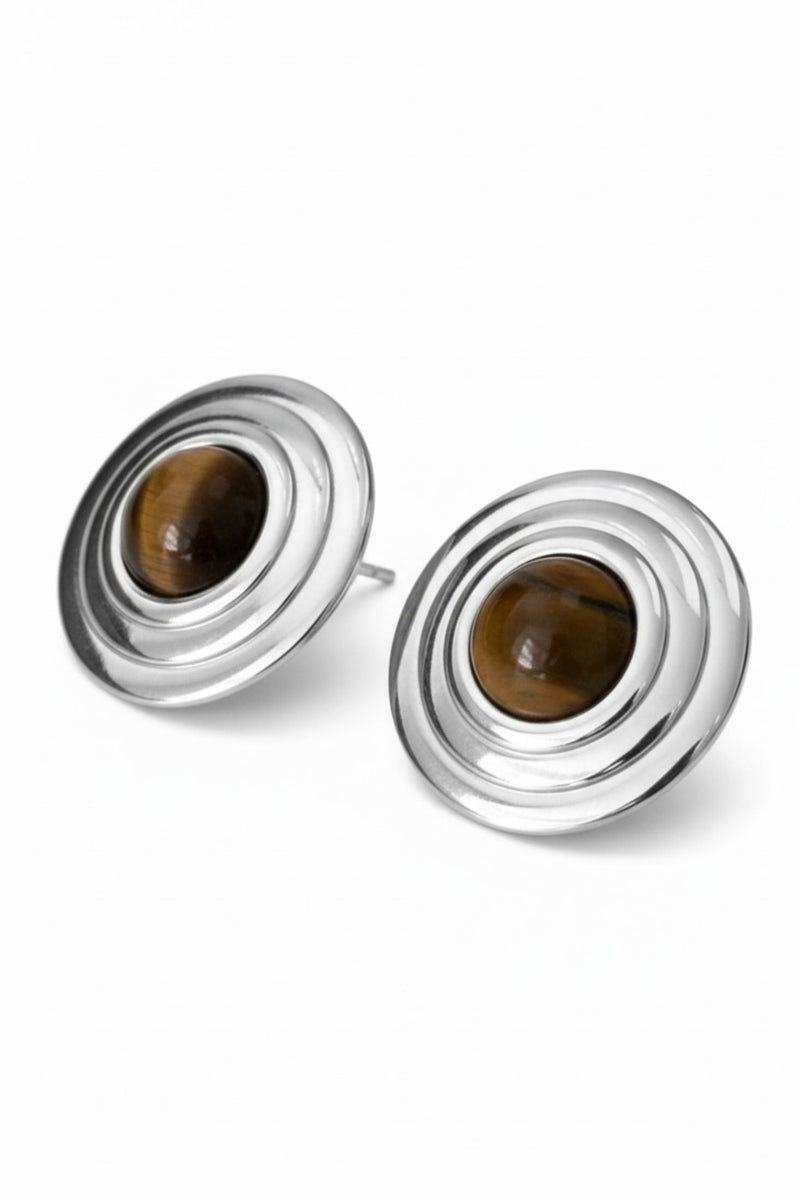 Como Large Round Stud Earrings Tigers Eye Silver