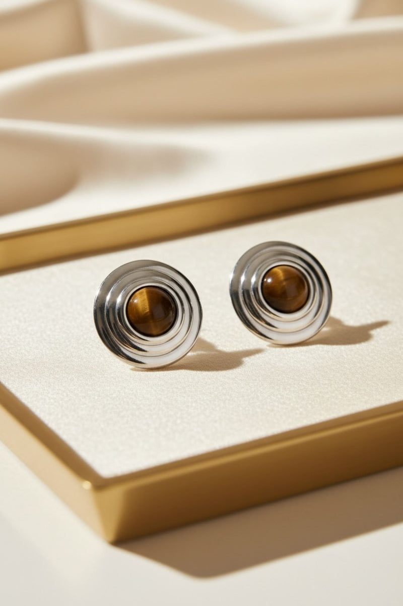 Como Large Round Stud Earrings Tigers Eye Silver