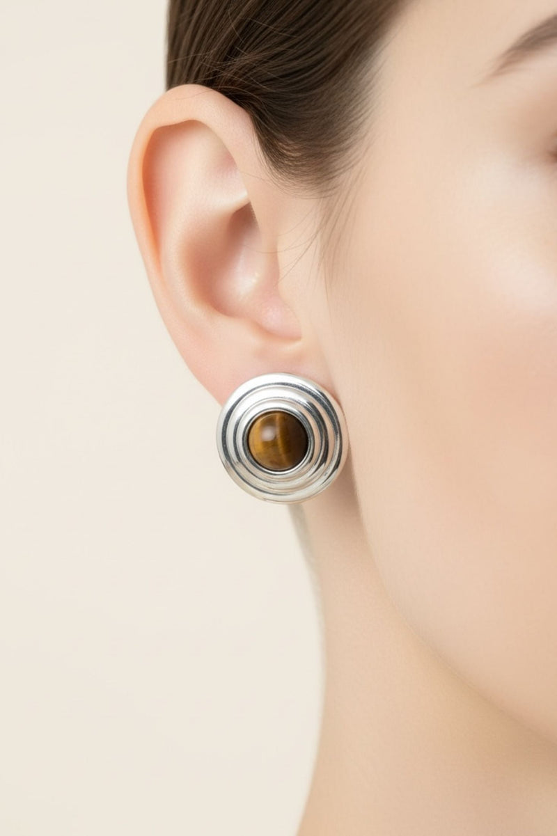 Como Large Round Stud Earrings Tigers Eye Silver