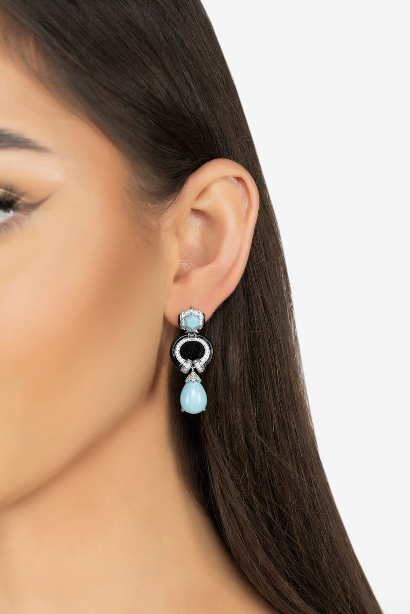 Clara Bow Turquoise & Enamel Drop Earrings Silver