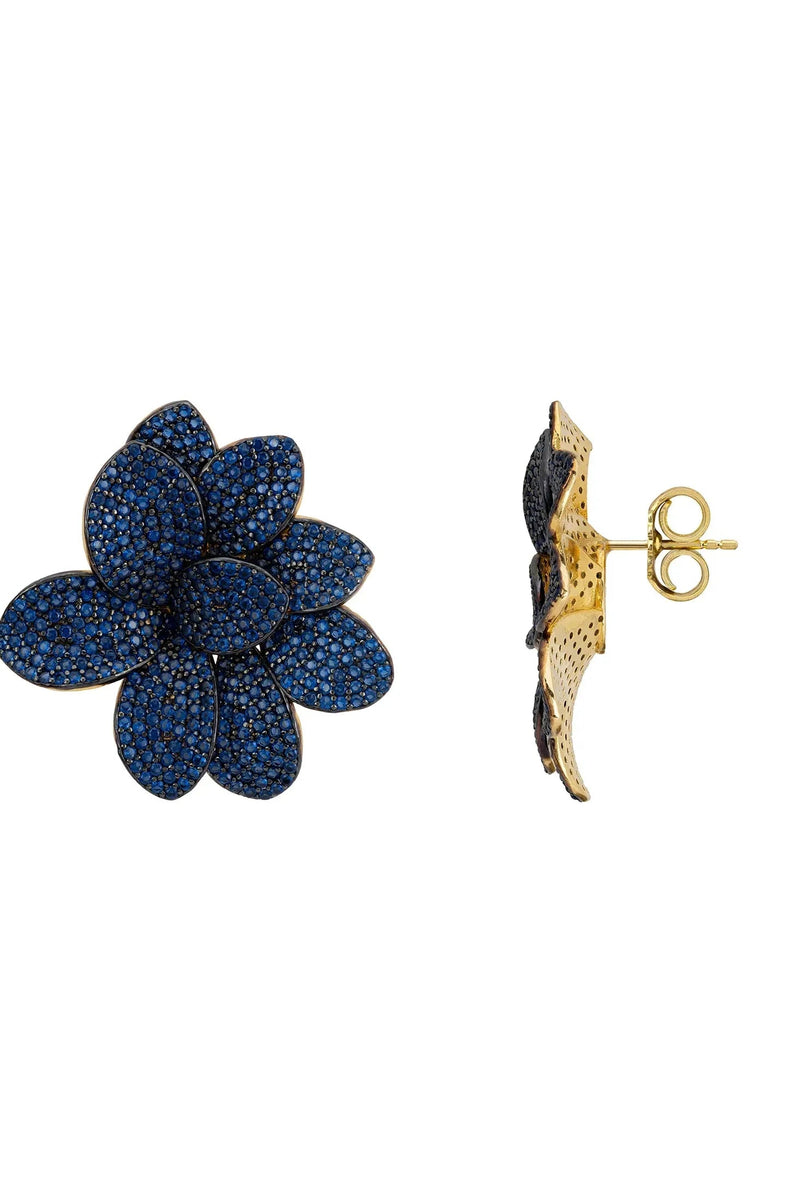Amaryllis Flower Large Stud Earrings Gold Sapphire