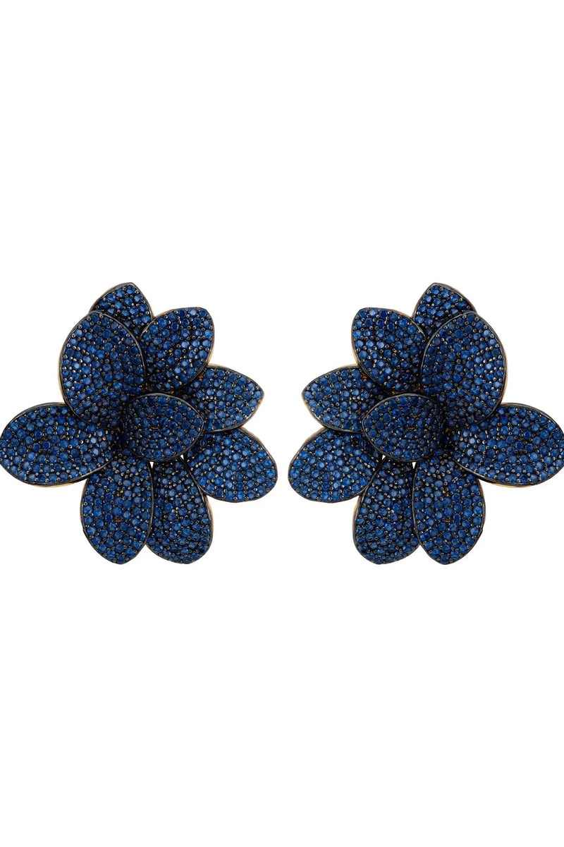 Amaryllis Flower Large Stud Earrings Gold Sapphire