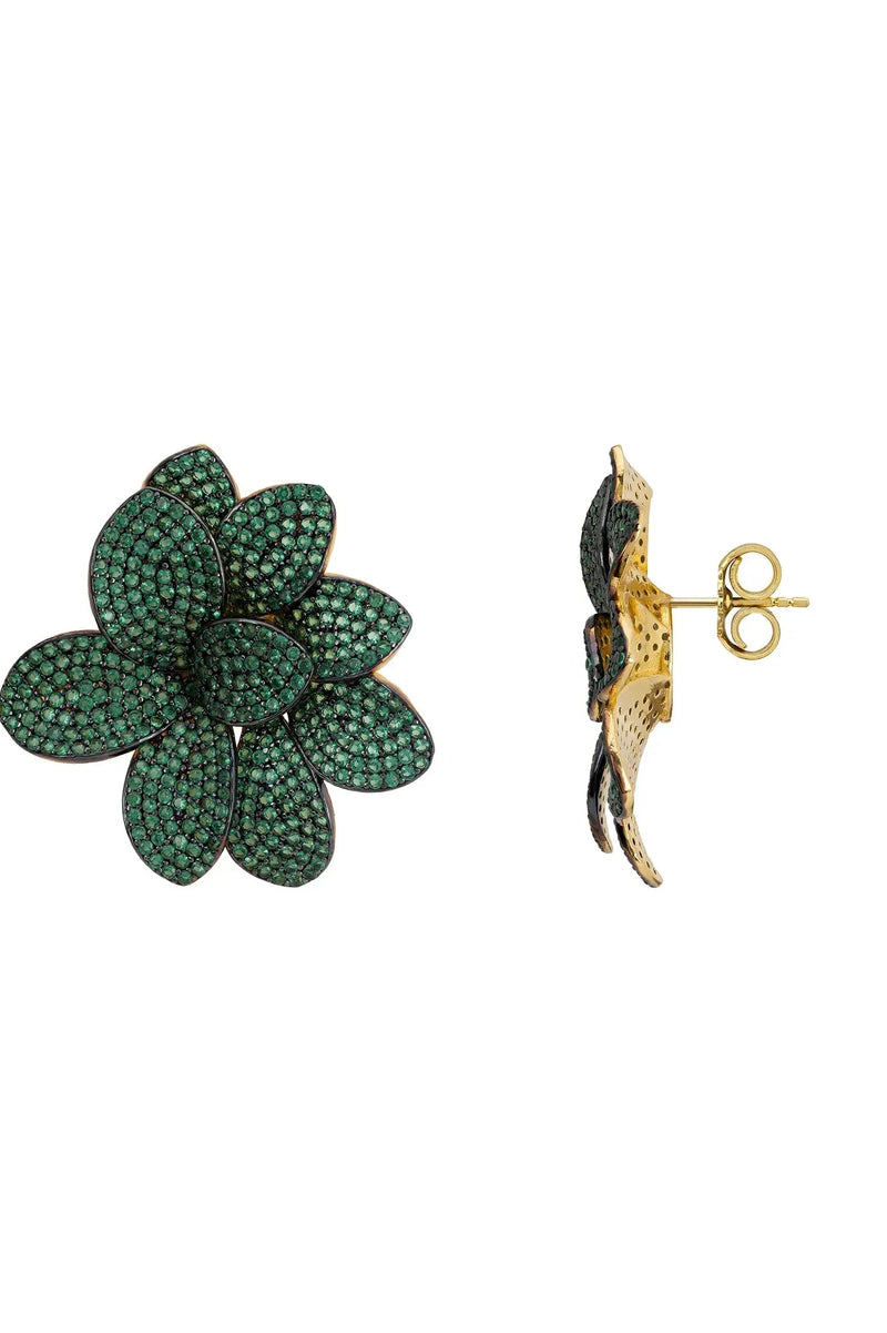 Amaryllis Flower Large Stud Earrings Gold Emerald
