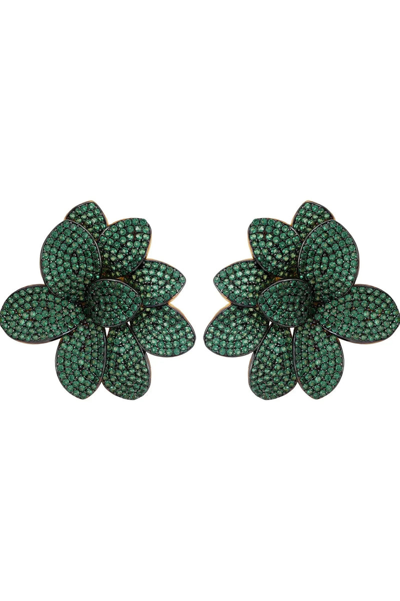 Amaryllis Flower Large Stud Earrings Gold Emerald