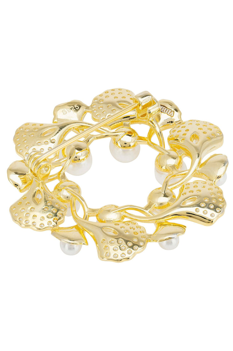 Ginkgo Leaf And Pearl Wreath Brooch Gold