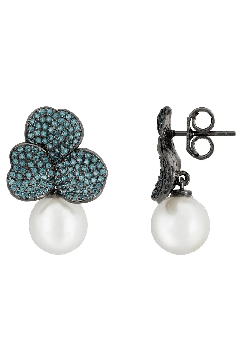 Iris Flower And Pearl Dangle Earrings Aqua Silver
