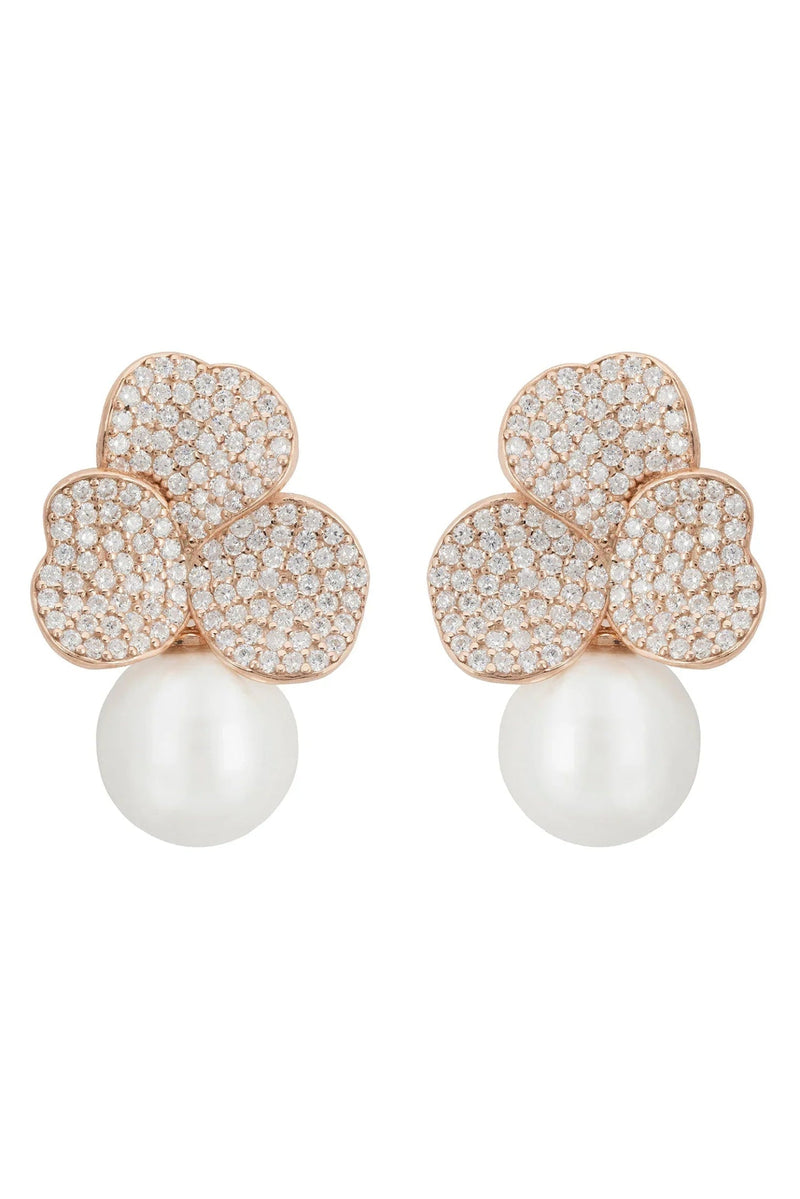 Iris Flower And Pearl Dangle Earrings Rosegold