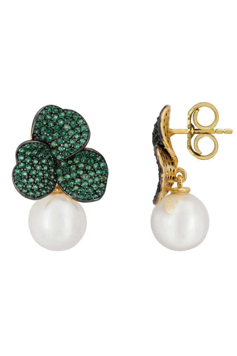 Iris Flower And Pearl Dangle Earrings Emerald Gold