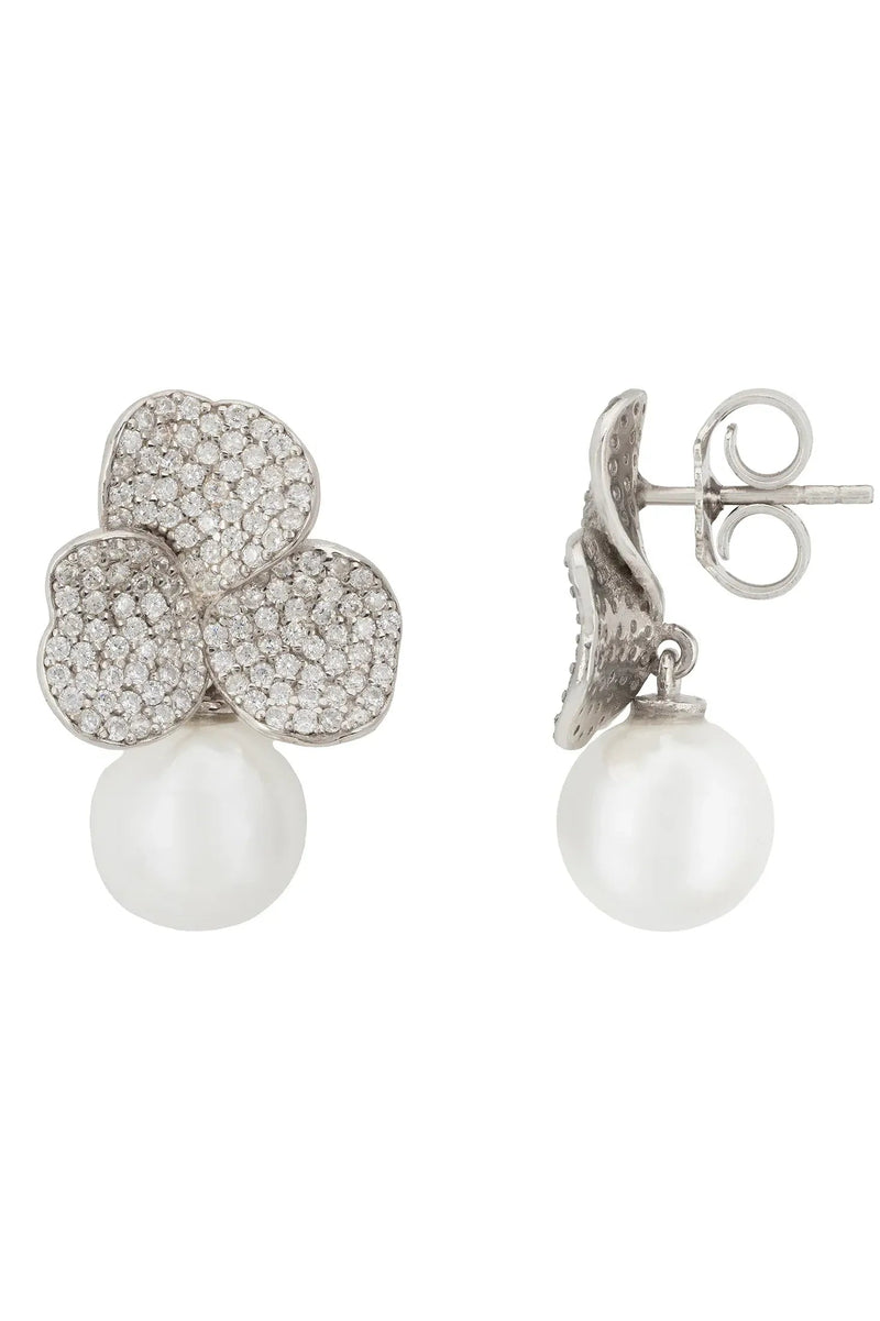 Iris Flower And Pearl Dangle Earrings Silver