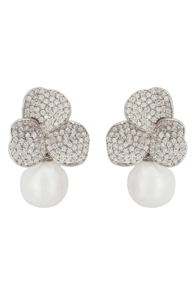 Iris Flower And Pearl Dangle Earrings Silver