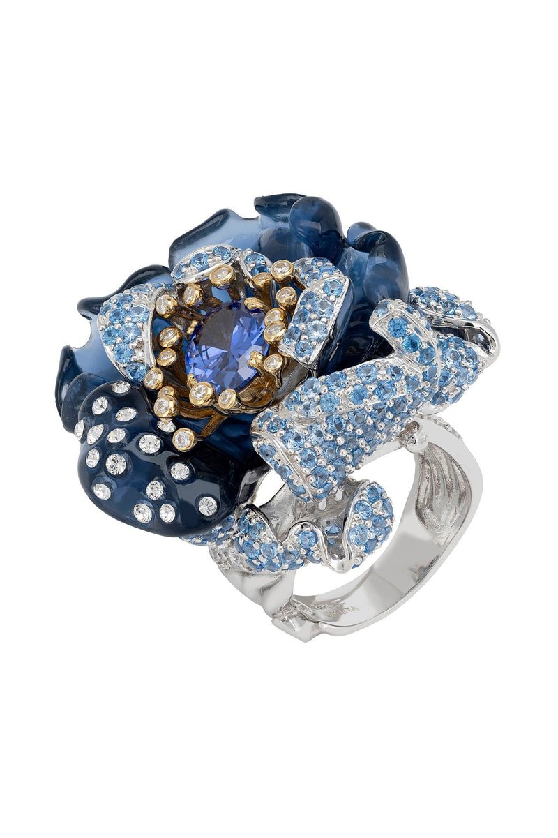 Blue Rose Flower Cocktail Ring Dual Plating
