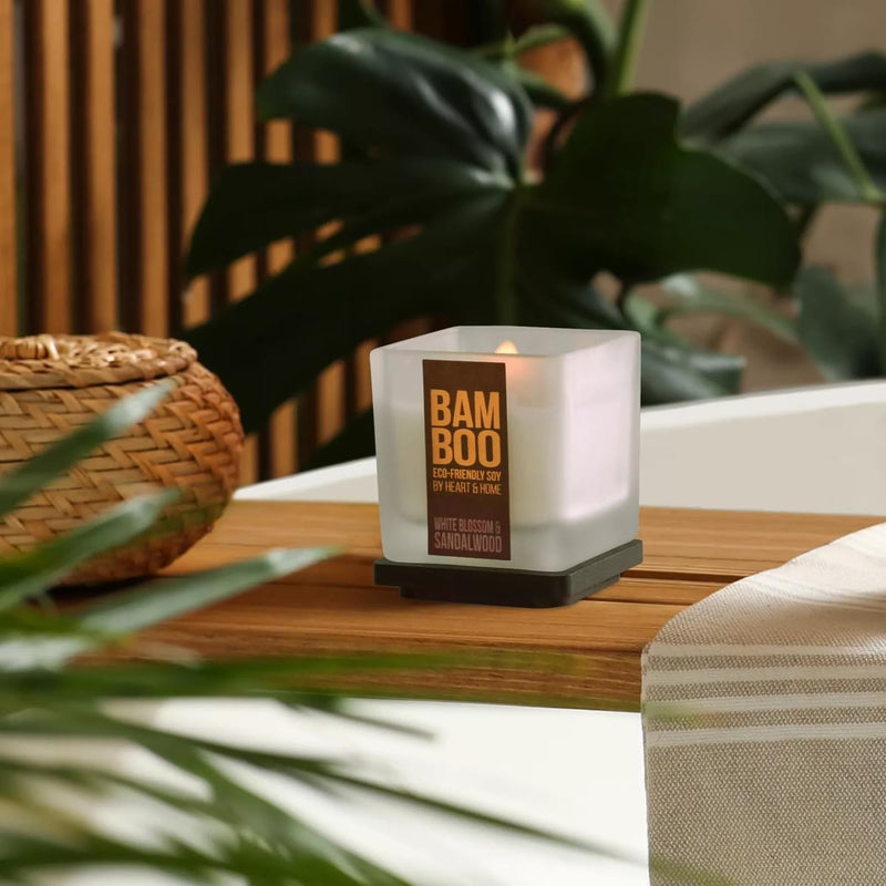 Bamboo White Blossom & Sandalwood Small Soy Candle 20 Hours Burn Crackling Wick