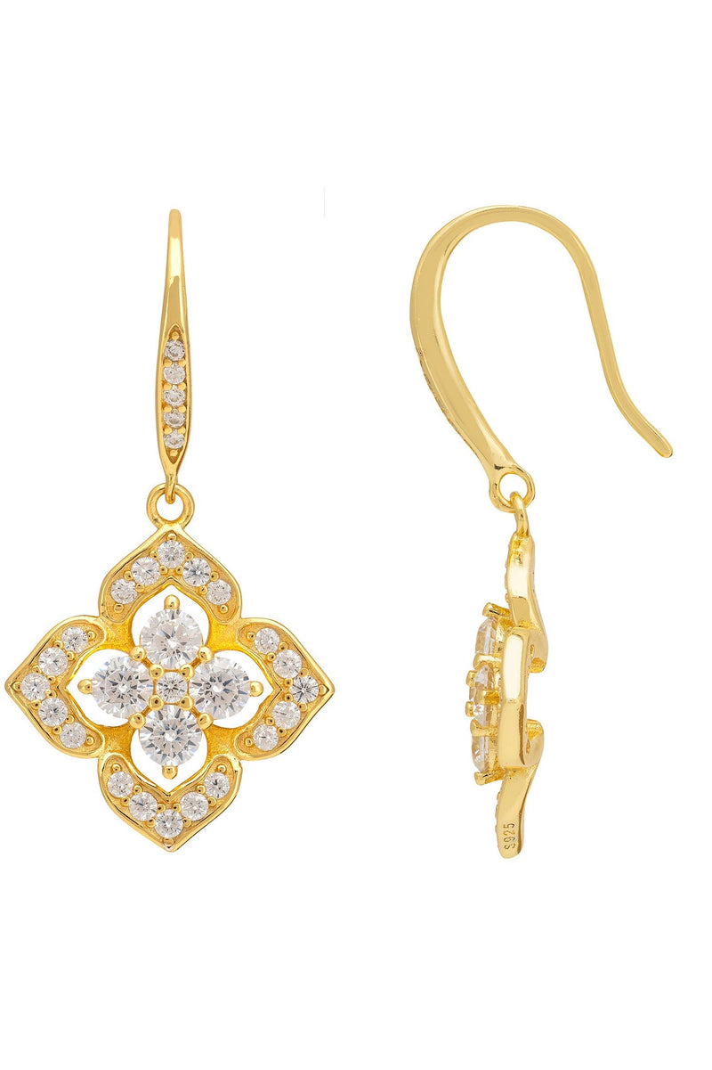 Pointed Cz Clover Flower Drop Earrings Gold