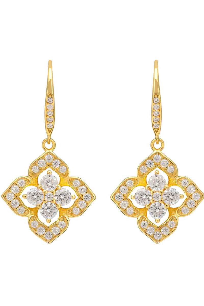 Pointed Cz Clover Flower Drop Earrings Gold