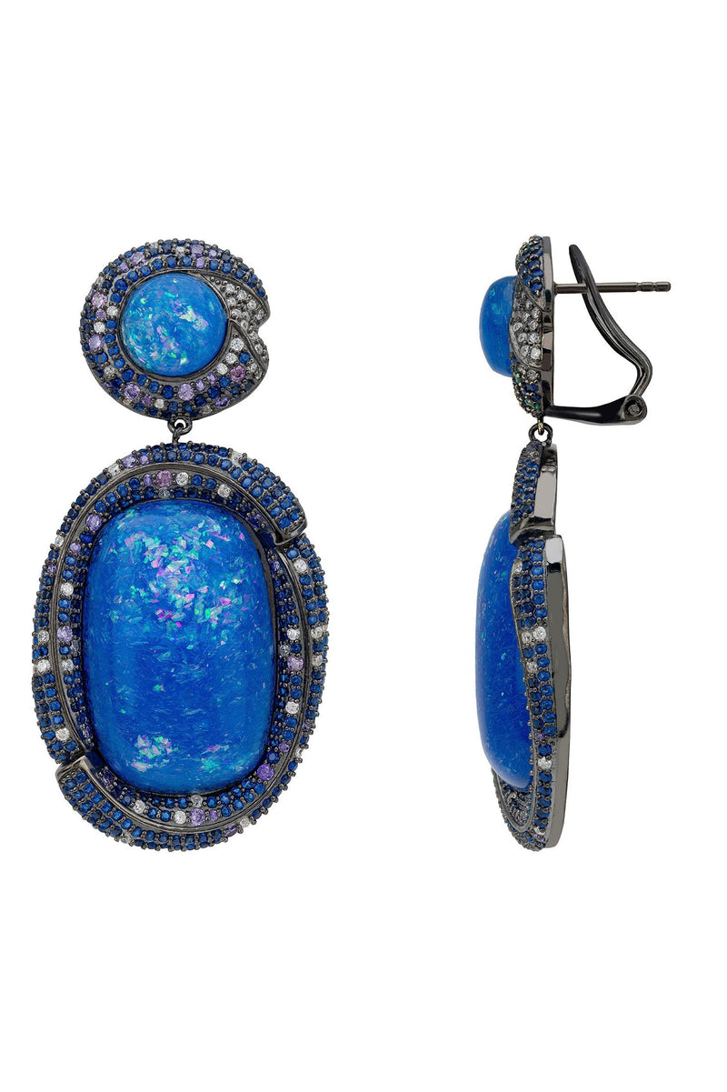 Fiorella Blue Opal Drop Earrings Silver Oxidised