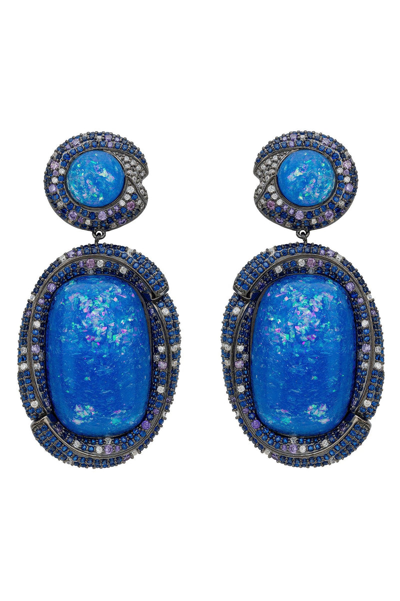 Fiorella Blue Opal Drop Earrings Silver Oxidised