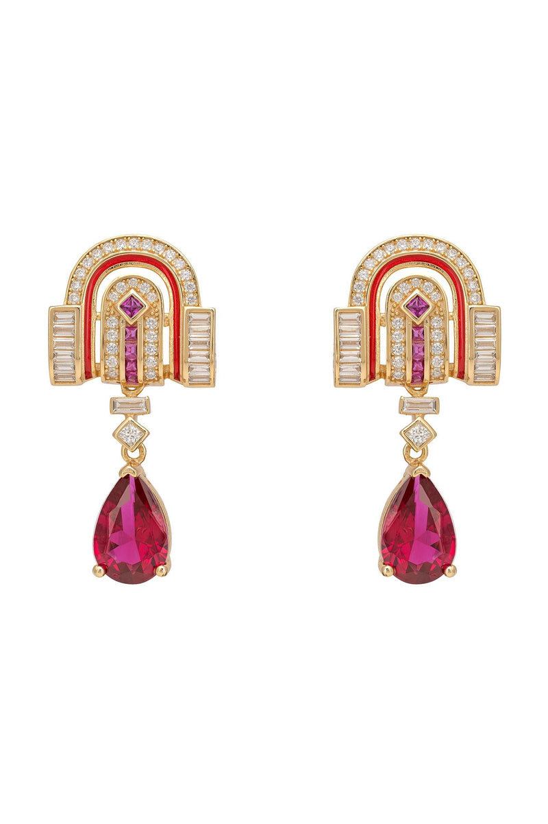 Savoy Art Deco  Drop Earrings Ruby Gold