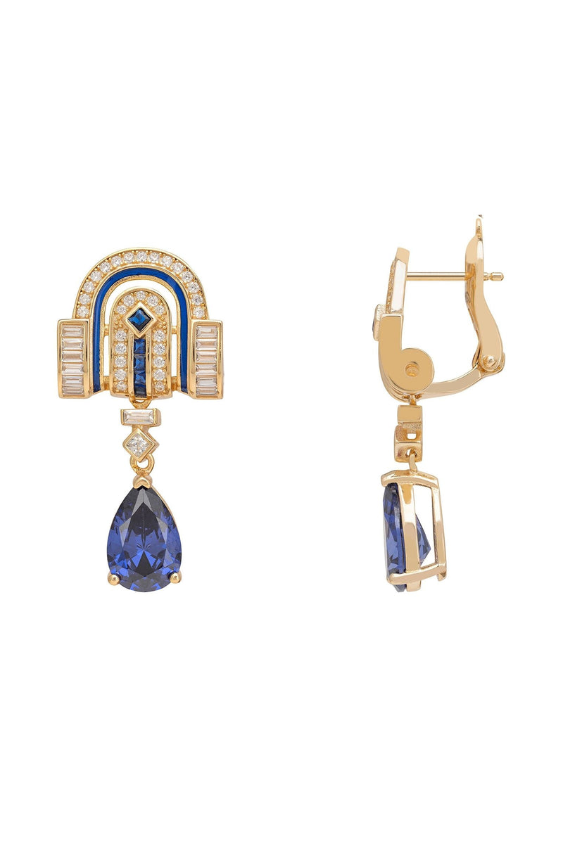 Savoy Art Deco  Drop Earrings Sapphire Gold