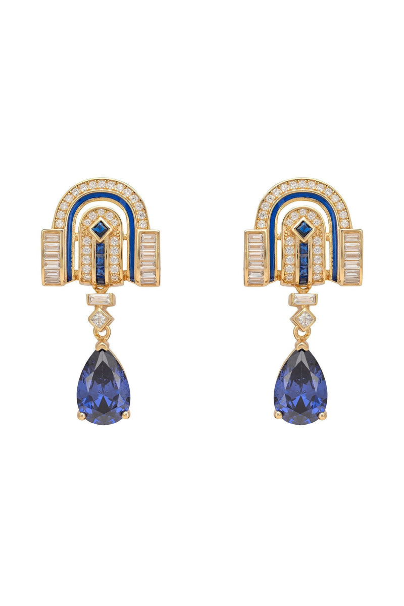 Savoy Art Deco  Drop Earrings Sapphire Gold