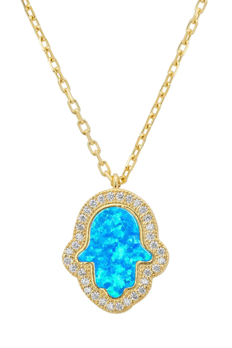 Hamsa Opalite Turquoise Blue Necklace Gold