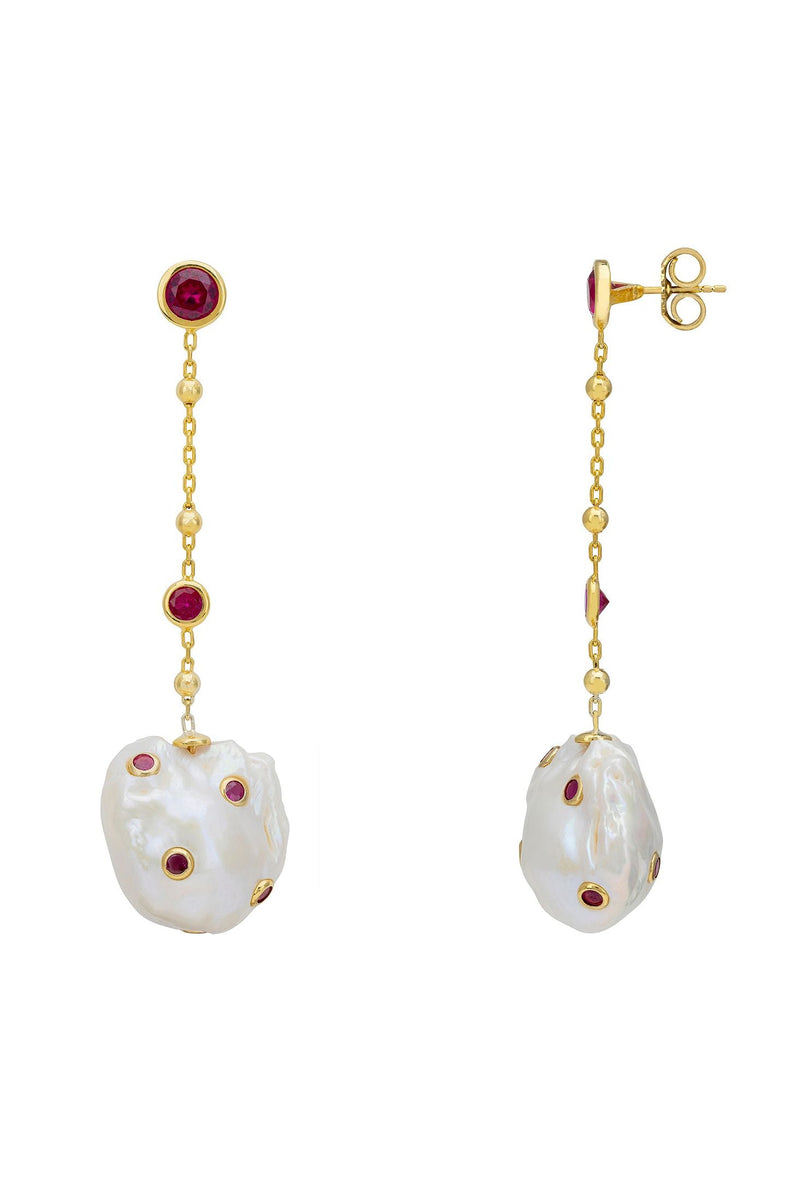 Polka Dot Baroque Pearl Chain Drop Earrings Gold Ruby