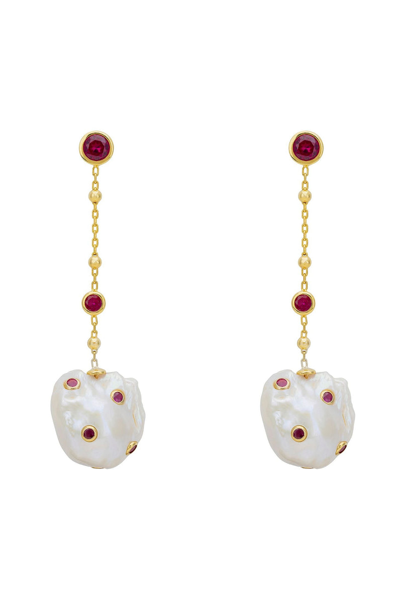 Polka Dot Baroque Pearl Chain Drop Earrings Gold Ruby
