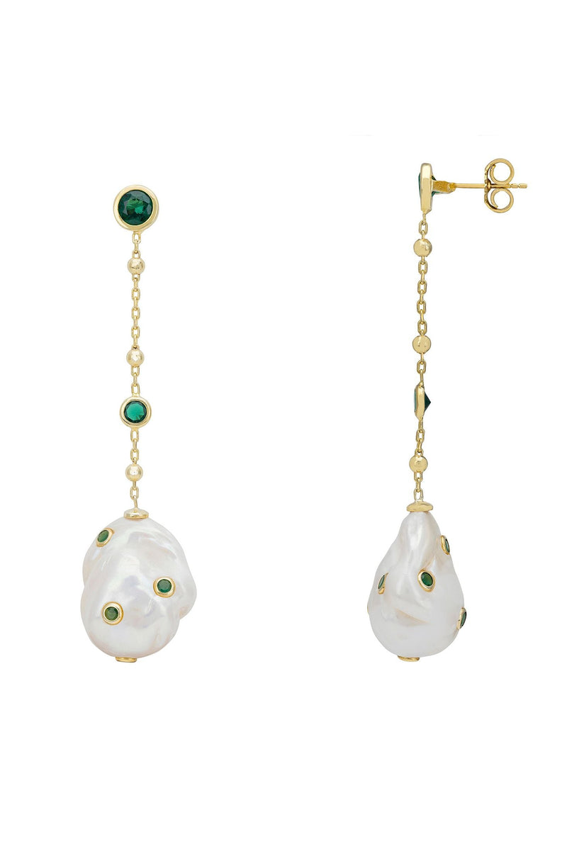 Polka Dot Baroque Pearl Chain Drop Earrings Gold Emerald