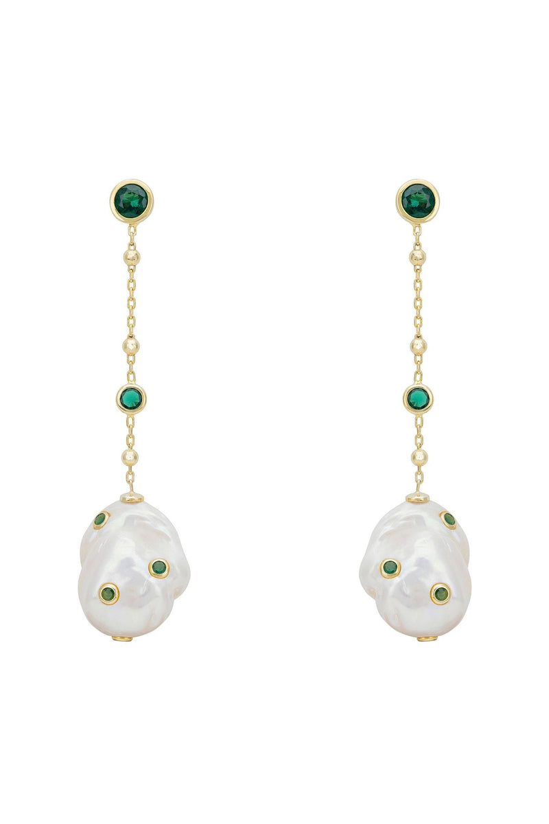 Polka Dot Baroque Pearl Chain Drop Earrings Gold Emerald