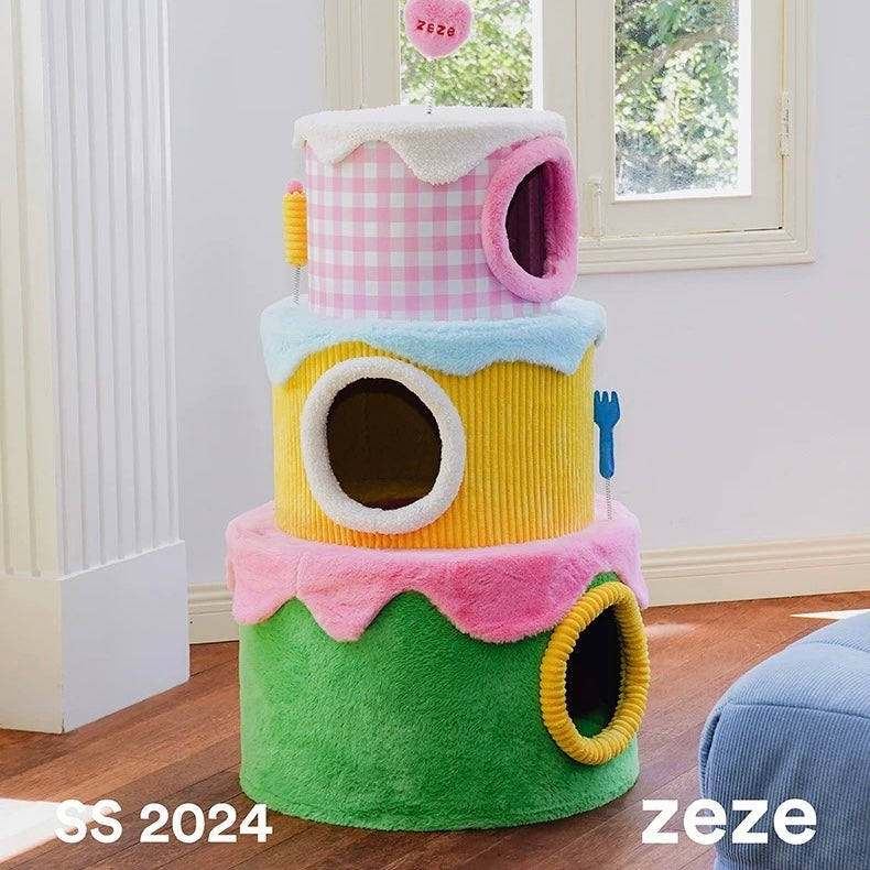 zeze Cream Three-Layer Cake Cat Tree — 110 cm Plush Cat Condo with Hideaways