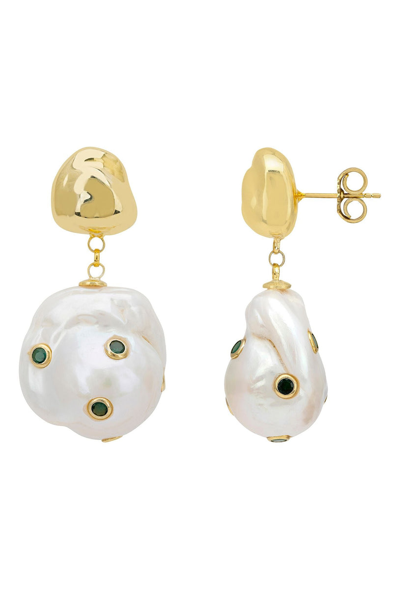 Polka Dot Baroque Pearl Drop Earrings Gold Emerald