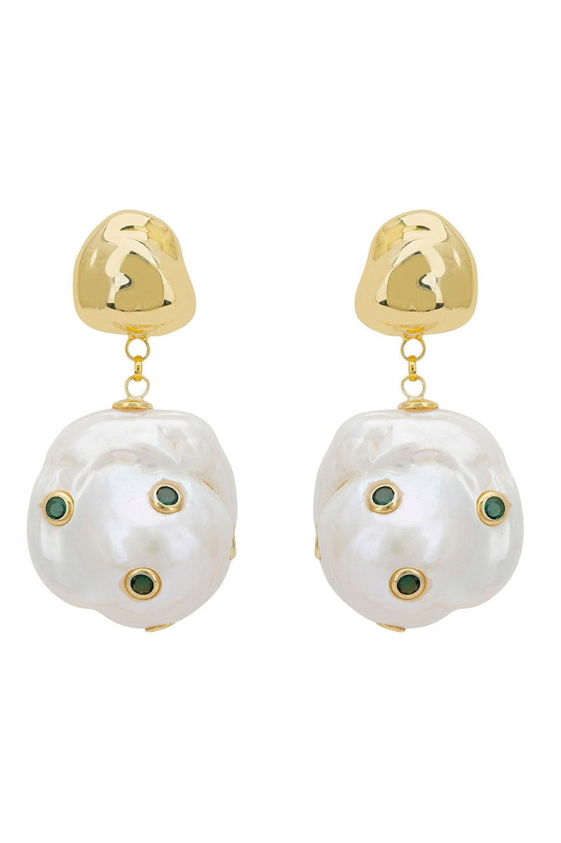 Polka Dot Baroque Pearl Drop Earrings Gold Emerald