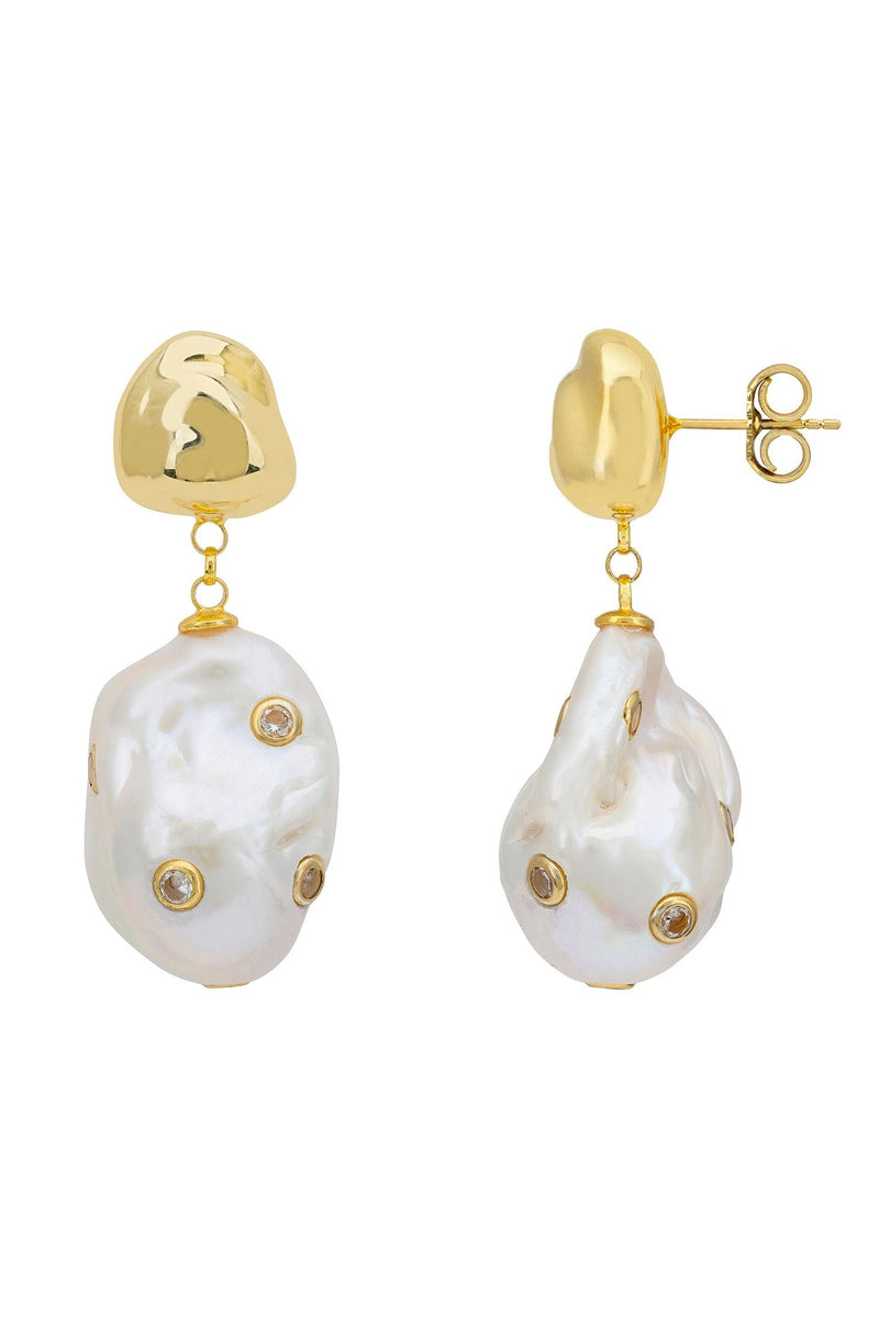 Polka Dot Baroque Pearl Drop Earrings Gold Cz