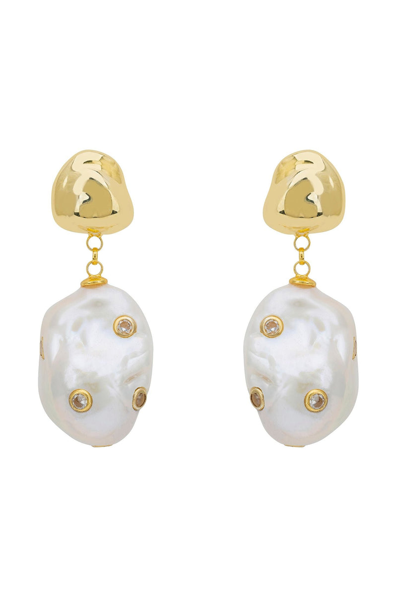 Polka Dot Baroque Pearl Drop Earrings Gold Cz