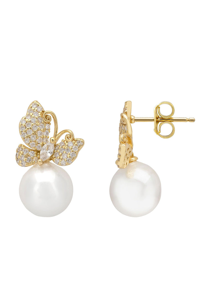 Butterfly Drop Earrings Pearl Gold