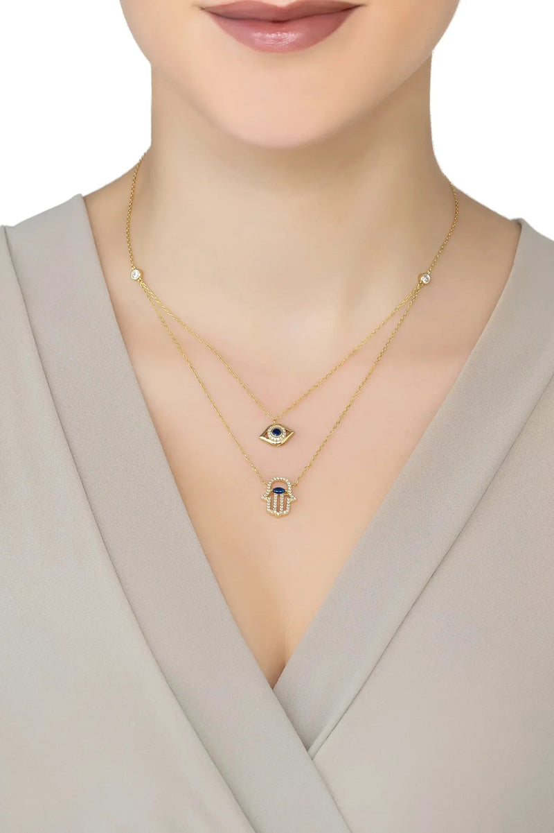 Hamsa Hand And Evil Eye Layered Necklace Gold