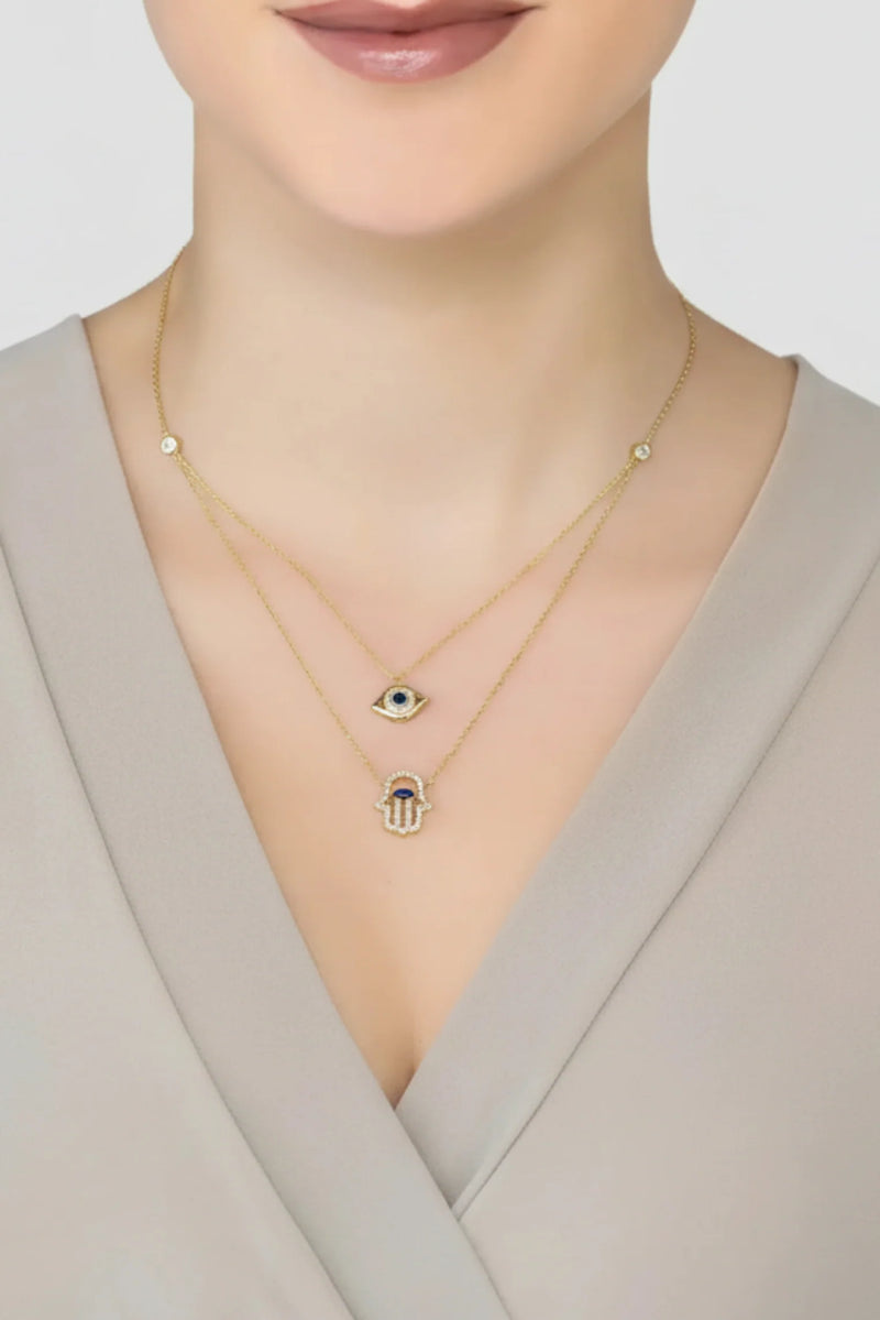 Hamsa Hand And Evil Eye Layered Necklace Gold