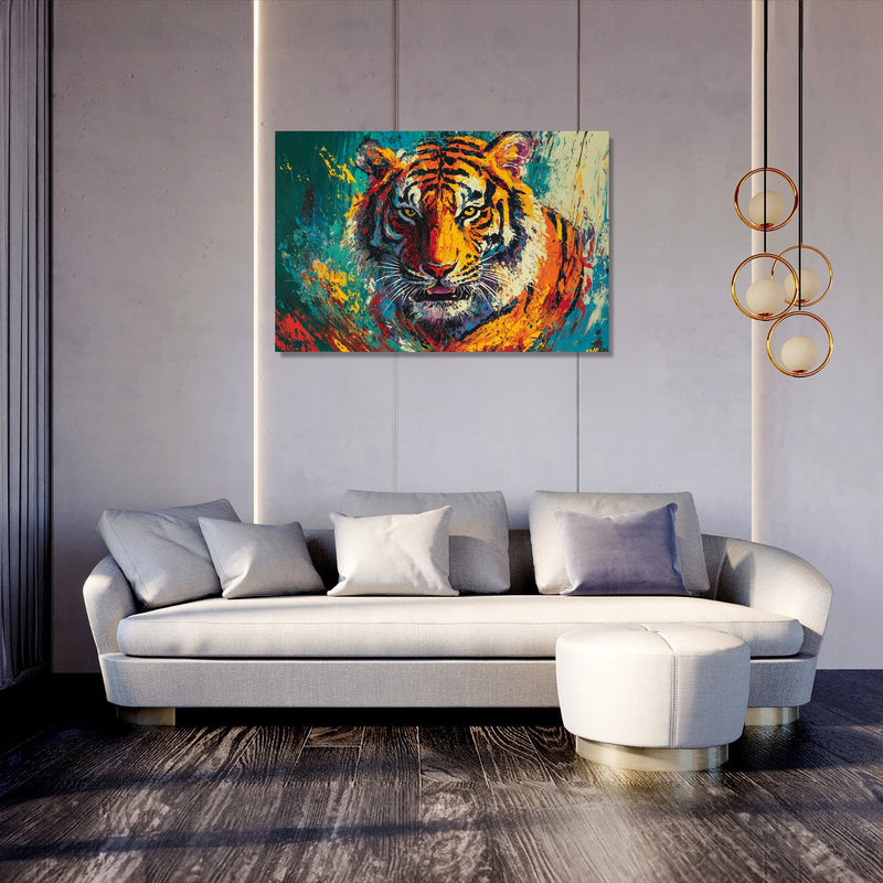 Fierce Tiger on Green Canvas