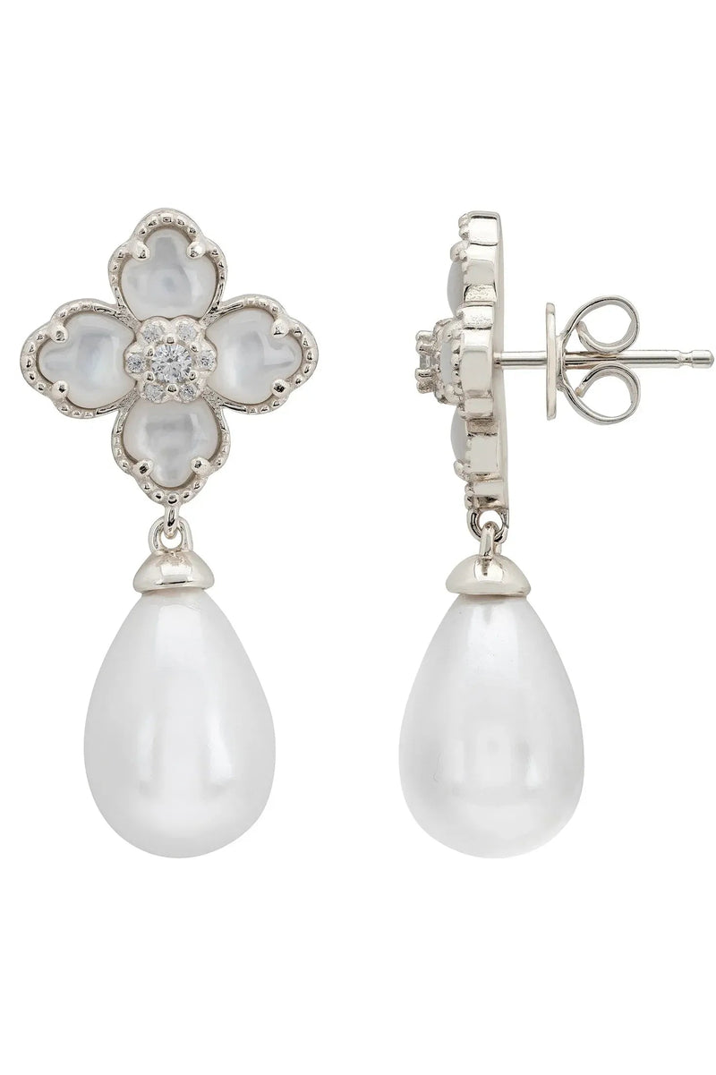 Flower Clover Pearl Drop Earrings Mother Of Pearl Silver