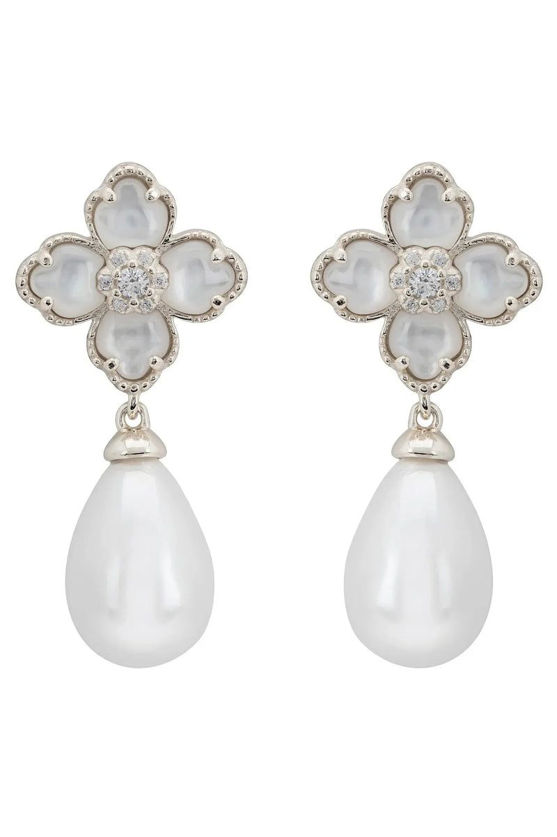 Flower Clover Pearl Drop Earrings Mother Of Pearl Silver
