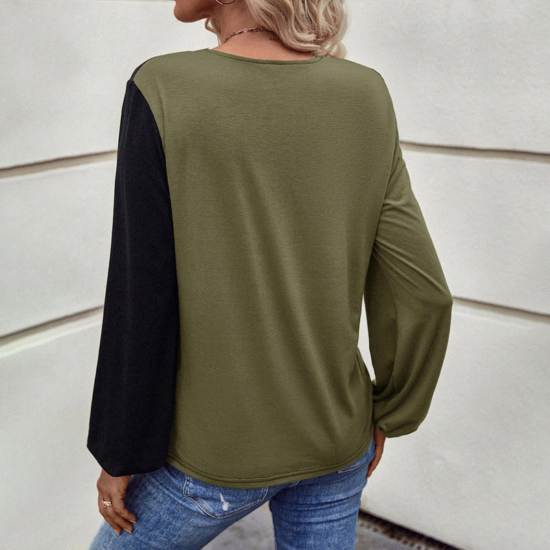 Loose Casual Pocket Patchwork Contrast Color Long Sleeve Women's T-shirt