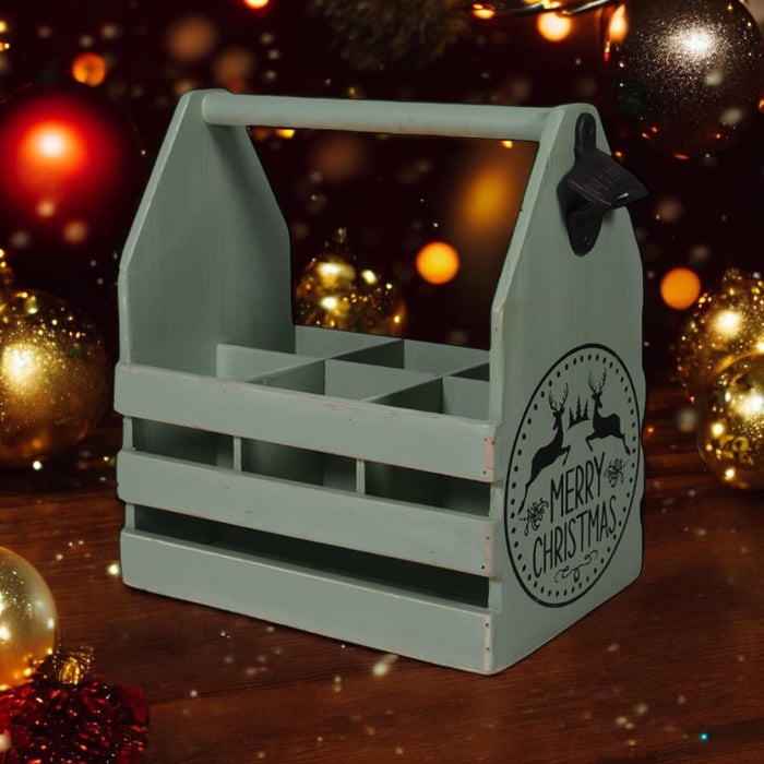 RUSTIC GREEN  6 BOTTLE HOLDER WITH OPENER