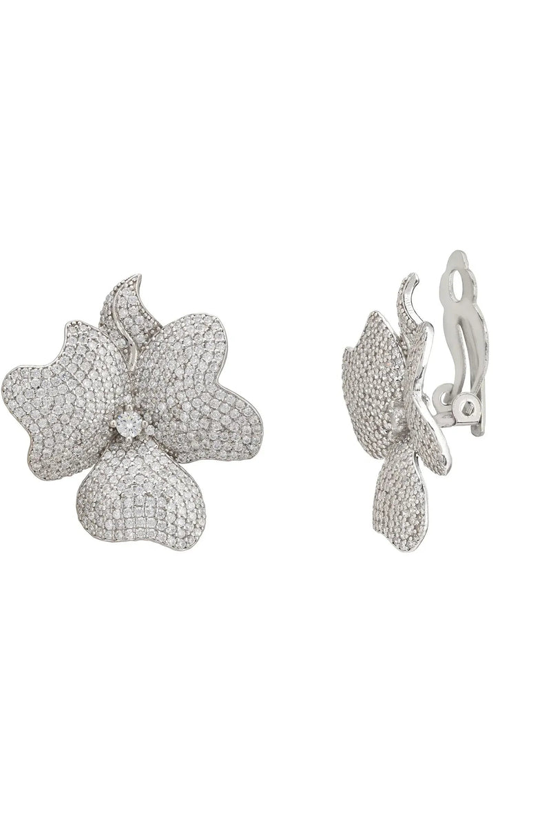 Flower Large Stud Clip On Earrings Silver