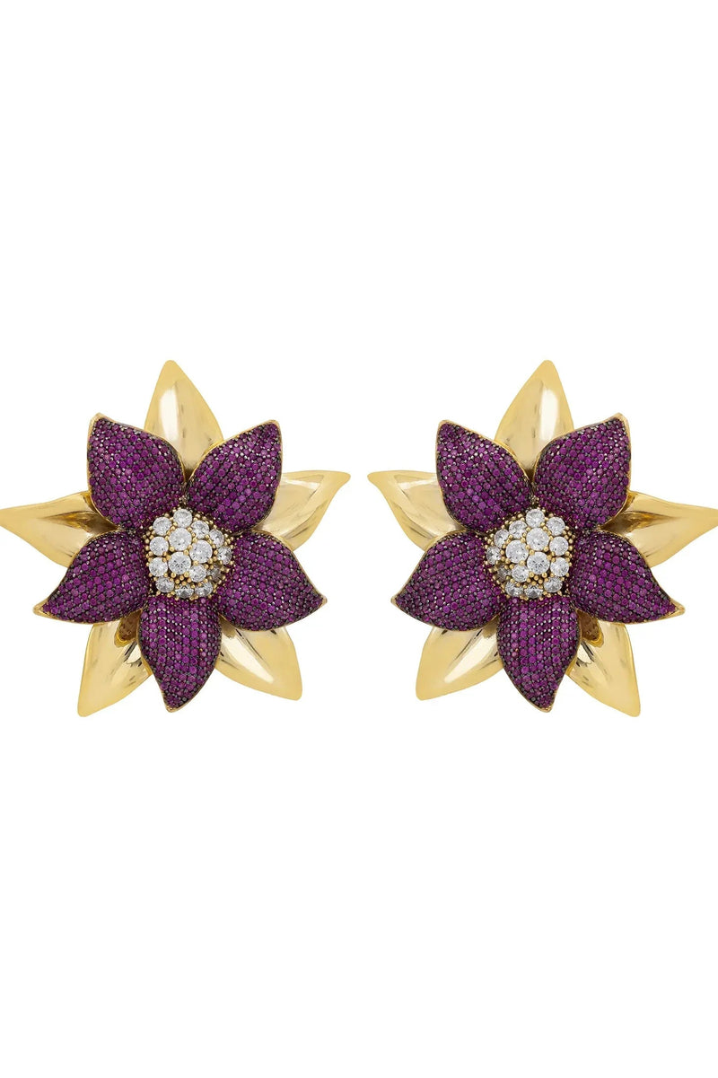 Marguerite Daisy Flower Large Stud Earrings Ruby Gold