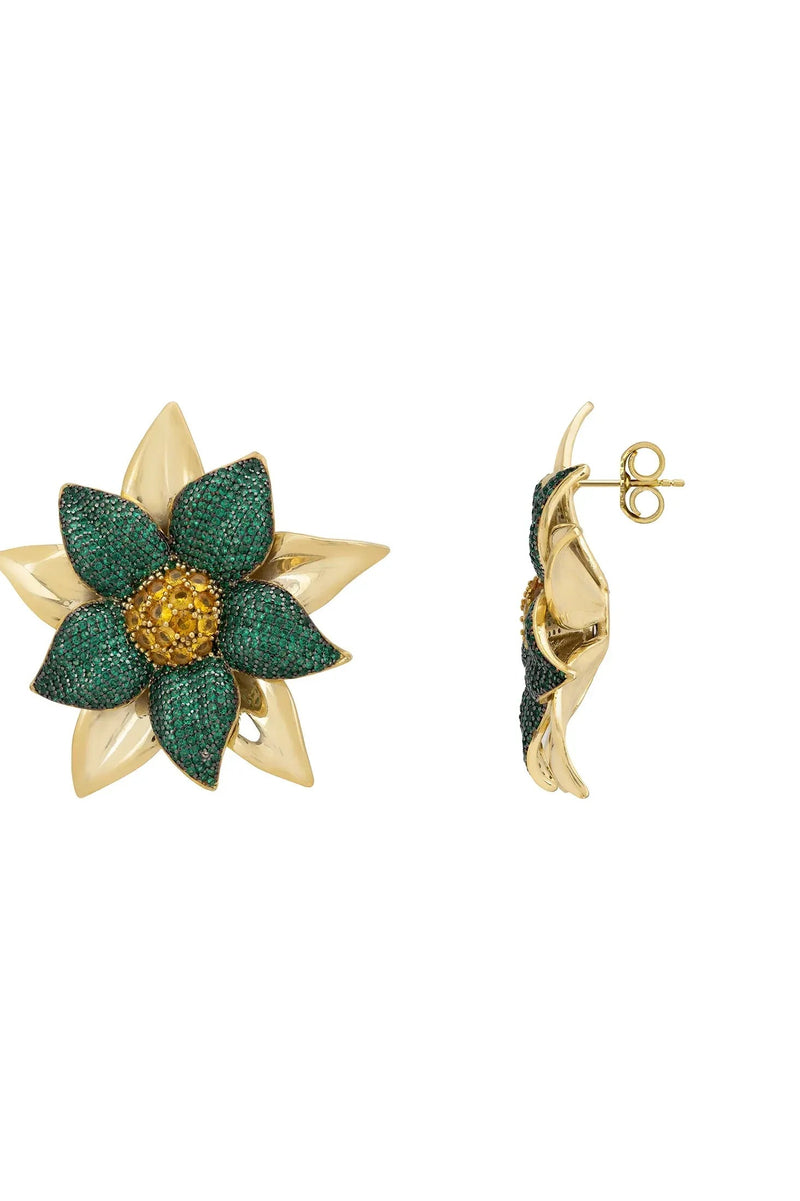 Marguerite Daisy Flower Large Stud Earrings Emerald Gold