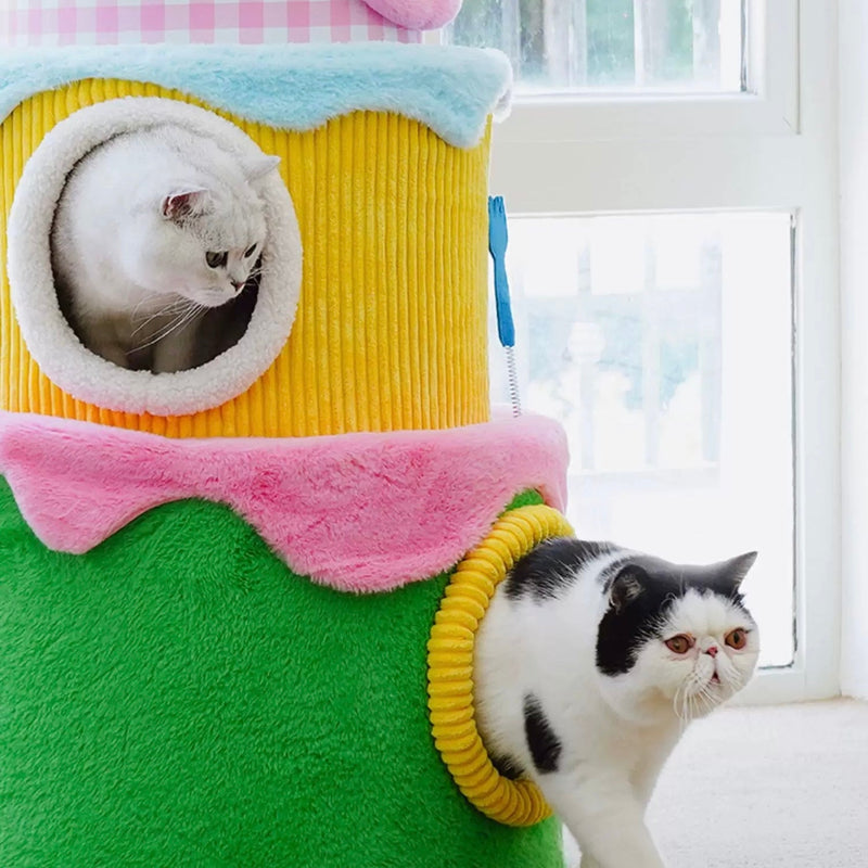 zeze Cream Three-Layer Cake Cat Tree — 110 cm Plush Cat Condo with Hideaways