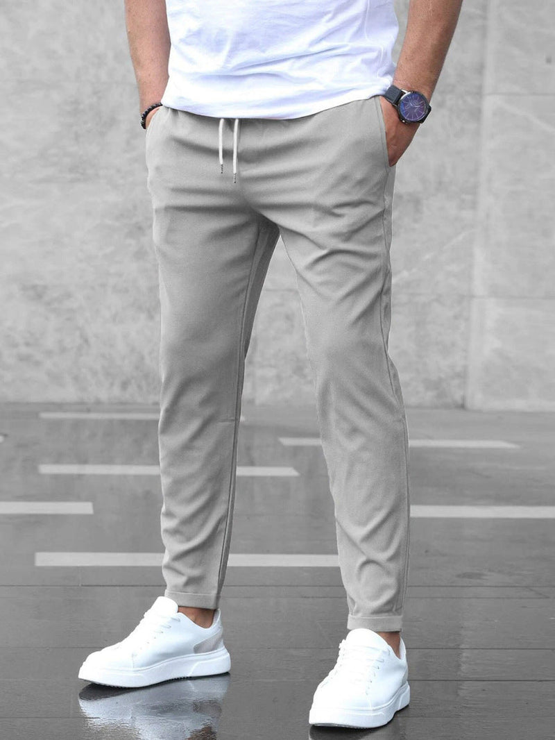Men's Casual Drawstring Trousers Slim Fit Straight Leg Pants with Pockets Trendy