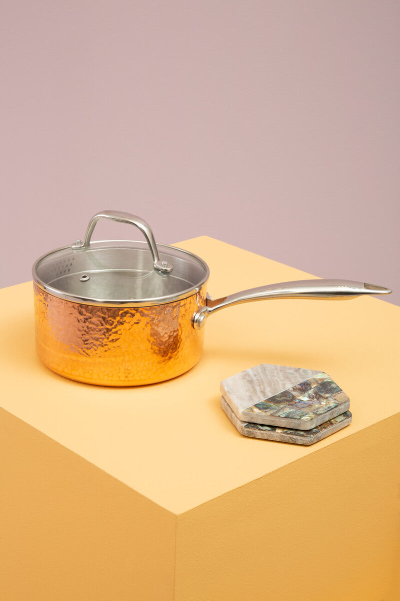 Small 16 Cm Hammered Copper Finish Saucepan with Lid | Minerva