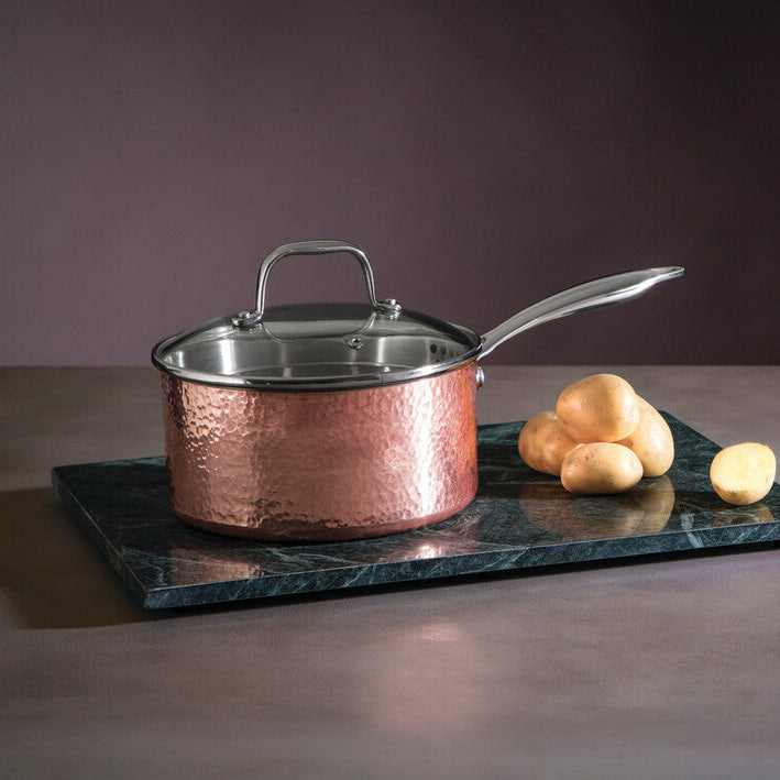 Medium 18 Cm Hammered Copper Finish Saucepan with Lid | Minerva