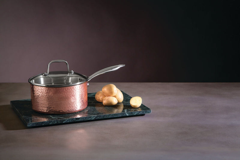 Medium 18 Cm Hammered Copper Finish Saucepan with Lid | Minerva
